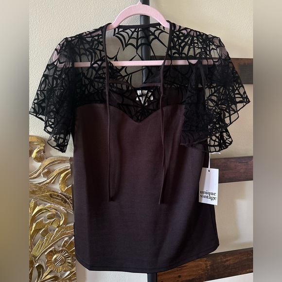 Unique Vintage Tops - Black Sheer Spider Web Blouse